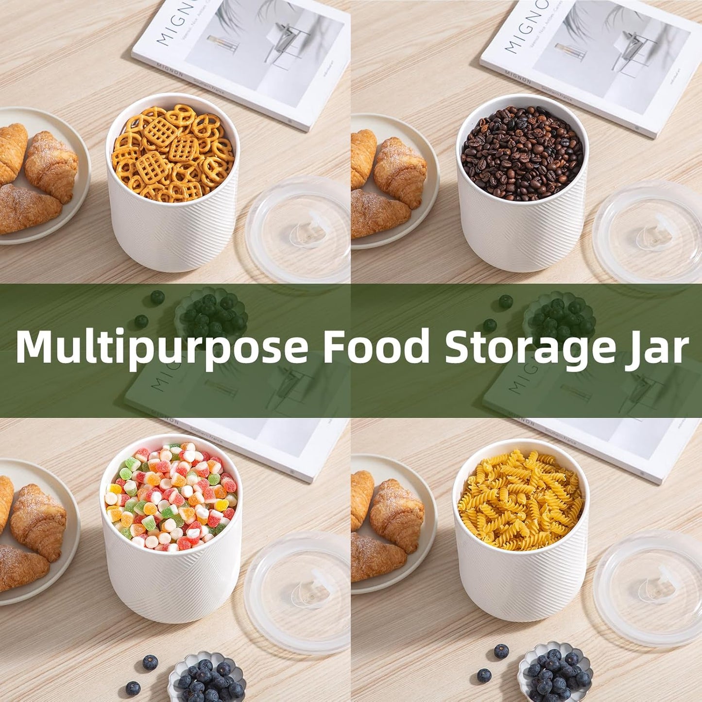 Food Storage Containers with Airtight Lids: Ceramic Canister Sets for Kitchen Countertop - Porcelain Jar for Coffee Tea Flour Sugar Rice Cookies Candy - White (23+42+75 oz)