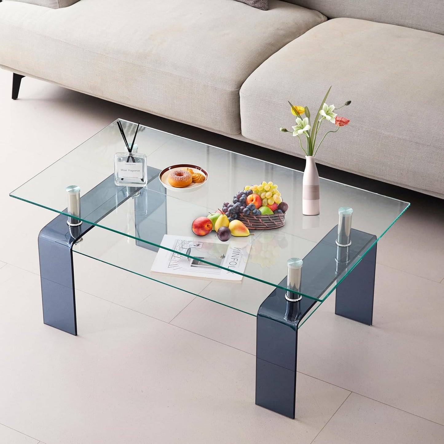 Glass Coffee Table Rectangle Living Room Center Table with Storage, Clear Tempered Glass Tabletop and Smoke Grey Leg,for Living Room and Office (Clear+Smoke)