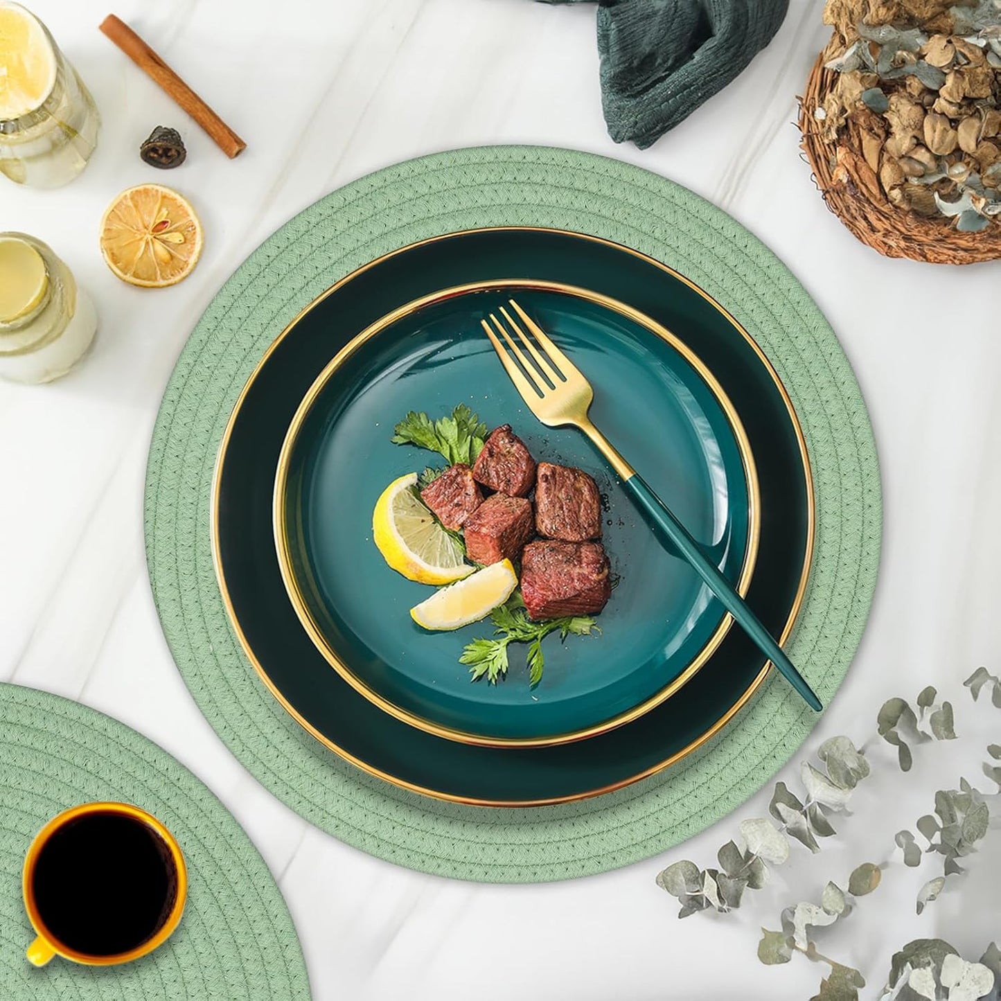 Round Placemats Set of 6, Cotton Rope Woven Table Mats, Hot Pads for Kitchen, Non Slip Heat Resistant Place Mats, 13 Inches Braided Placemat for Farmhouse Decor and Kitchen Table Decor (Green)