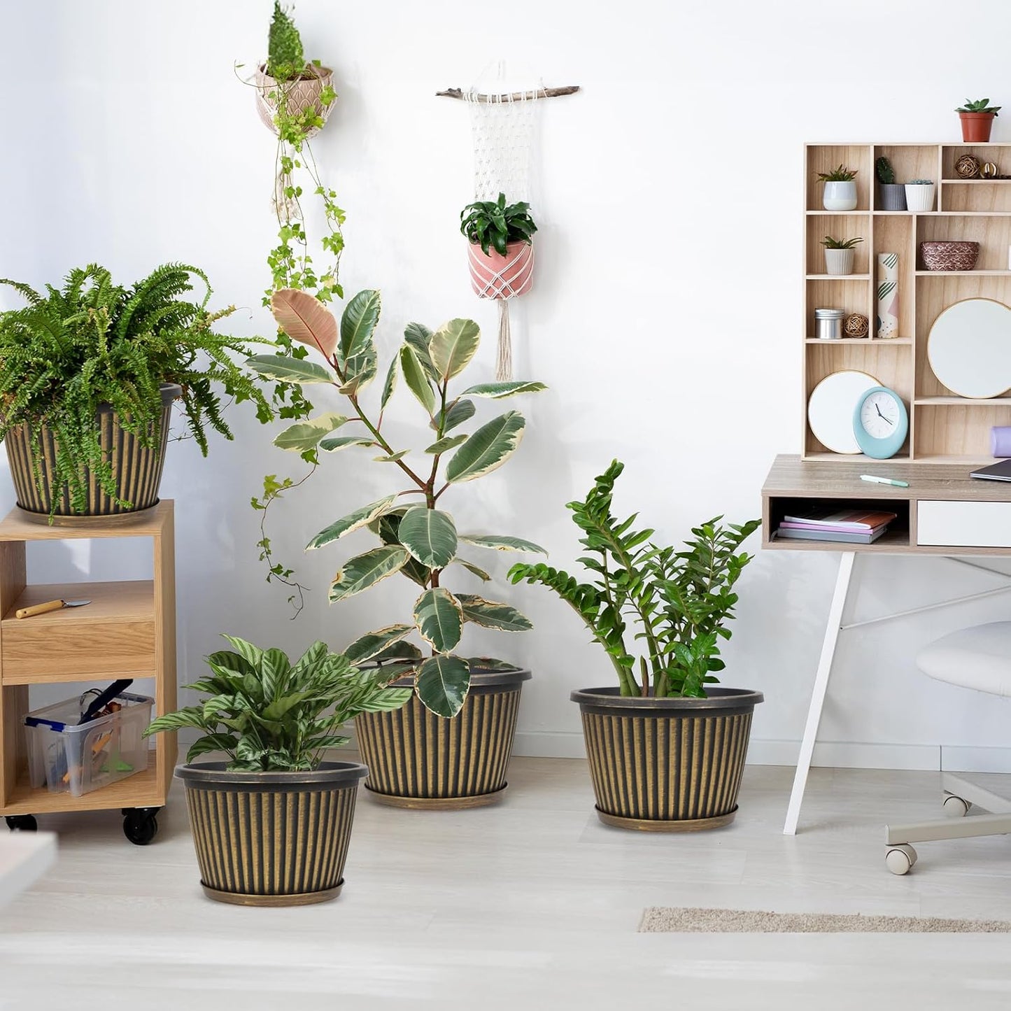 Planter-Pots-for-Plants-Indoor-Outdoor, 4 Pack 10 Inch Plastic Flower Pots with Saucer & Drainage Holes, Modern Garden Planters for Planting Medium Large Plants，Decorative Resin Garden Pots