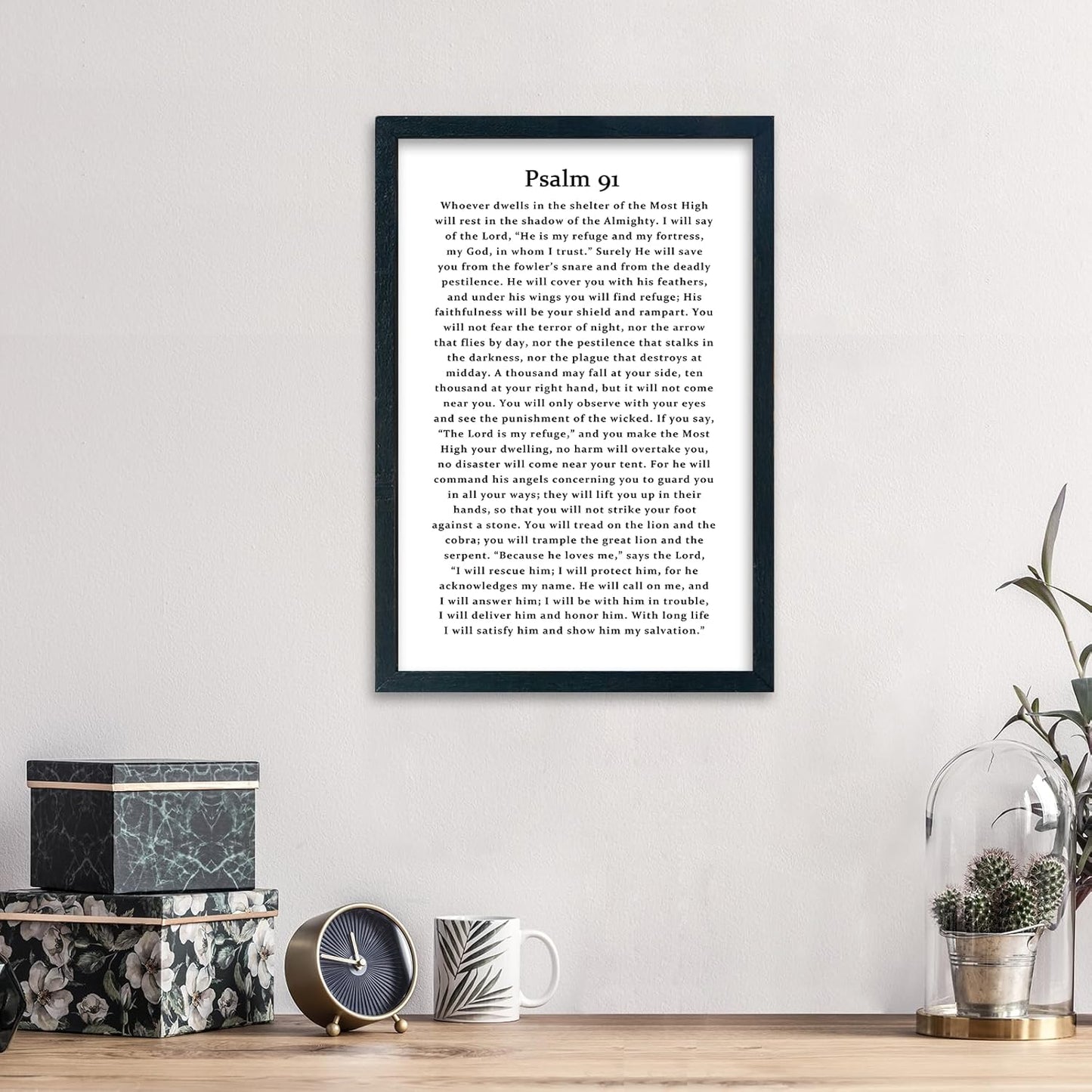 LuZhiQiang Psalm 91 Scripture Wall Art 16"×11" Bible Verse Christian Inspirational Sign Wood Framed Wall Hanging Decor (Black)