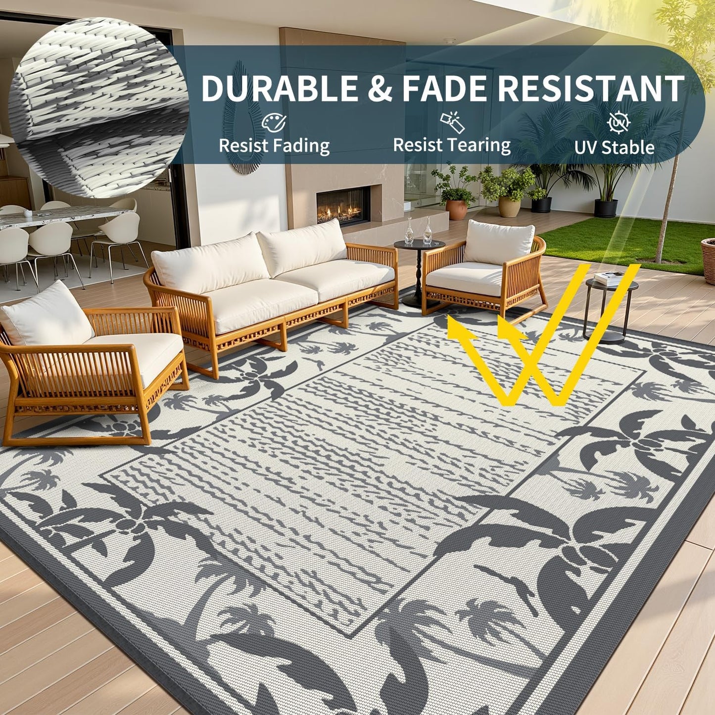 COCOER Outdoor-Rug 9x12 ft Waterproof Outdoor Plastic Straw Rug Reversible RV Indoor Outdoor Carpet Quick Dry Patio Rug Camping Mat for Balcony Backyard Picnic Beach-Grey&Beige