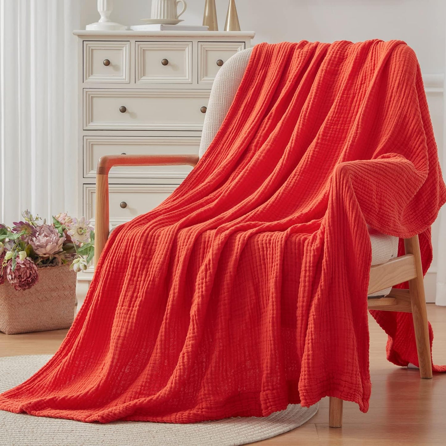 EMME Cotton Blanket Queen Size for Bed Soft Large Muslin Bed Blankets 90"x90" Lightweight Breathable All Season Gauze Blanket, Orange Rust