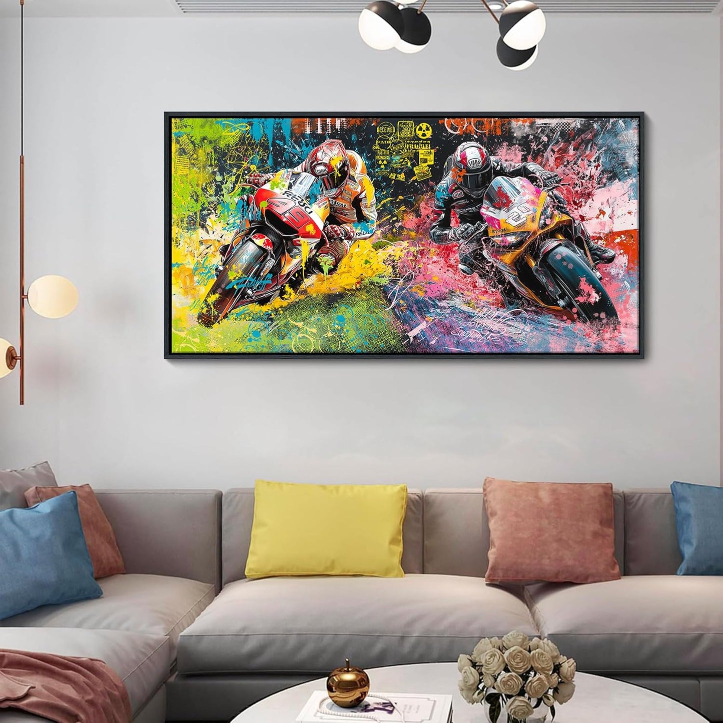 JEAWA Framed Canvas Wall Art - 24x48 In Large Abstract Painting Decor, Motorcycle Racing Color Graffiti Pictures, Modern Art Prints for Bedroom Living Room Bathroom Home Decoration
