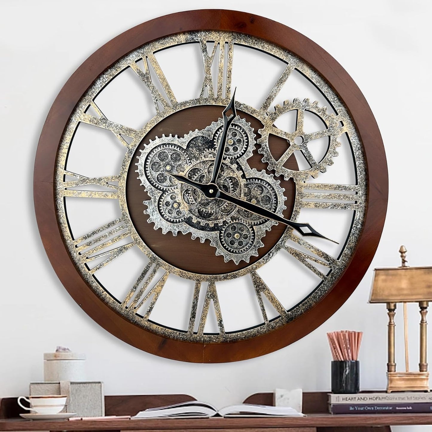 HOIBAI Large Wall Clock, 24 Inch Wall Clocks for Living Room Decor Farmhouse Vintage Rustic Kitchen Wall Decor Vintage Roman Big Oversized Wall Clock for Home Bedroom House Office, Moving Gears Clock