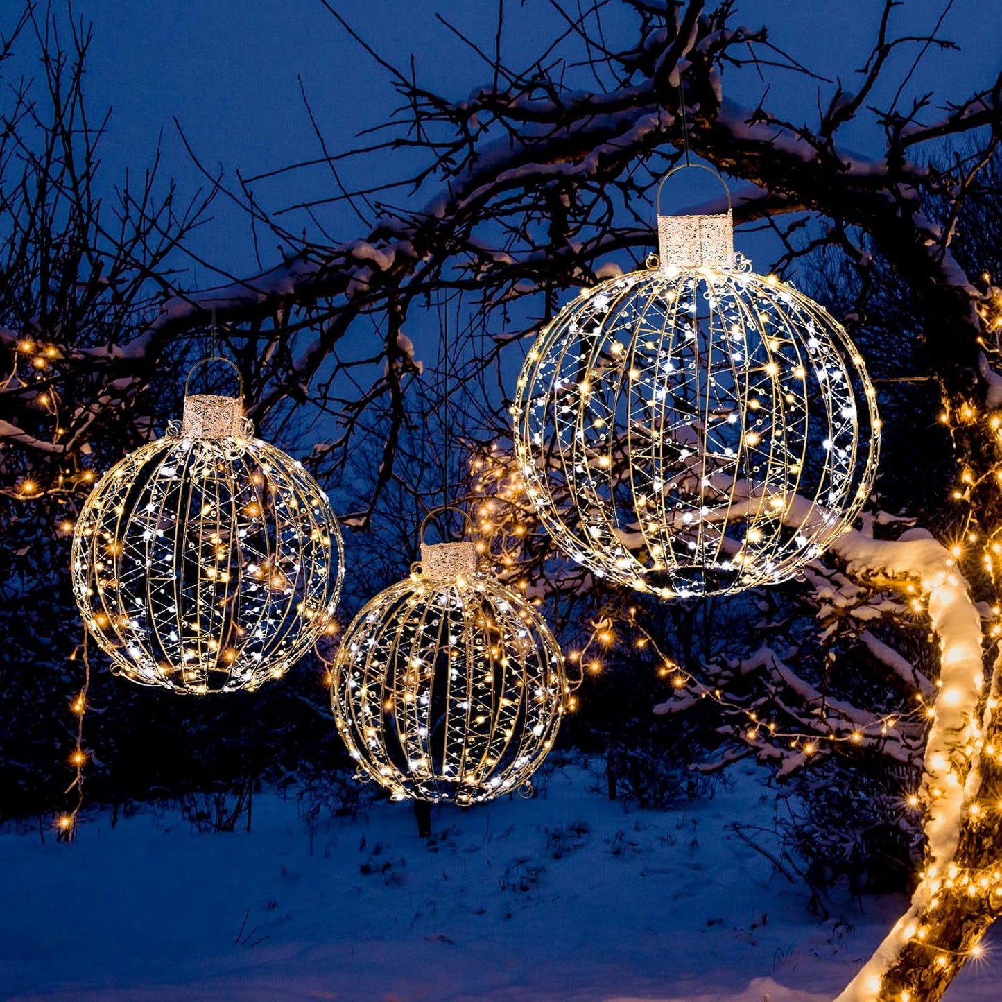 Tangkula Christmas LED Light Balls for Tree (3 Pack), Outside Lighted Sphere with 180 Warm White & 180 Cold White Lights, Holiday Lighted Decorations, Christmas Sphere Balls for Indoor Outdoor Decor
