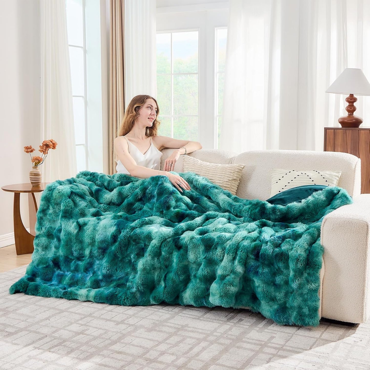 Lotus Karen Faux Fur Throw Blanket Tie-Dye Green-Big Bubble Rabbit Fluff Blanket for Couch,Small Fluffy Fuzzy Cozy Blanket,Thick Furry Plush Shaggy Blankets,50x60 Inches