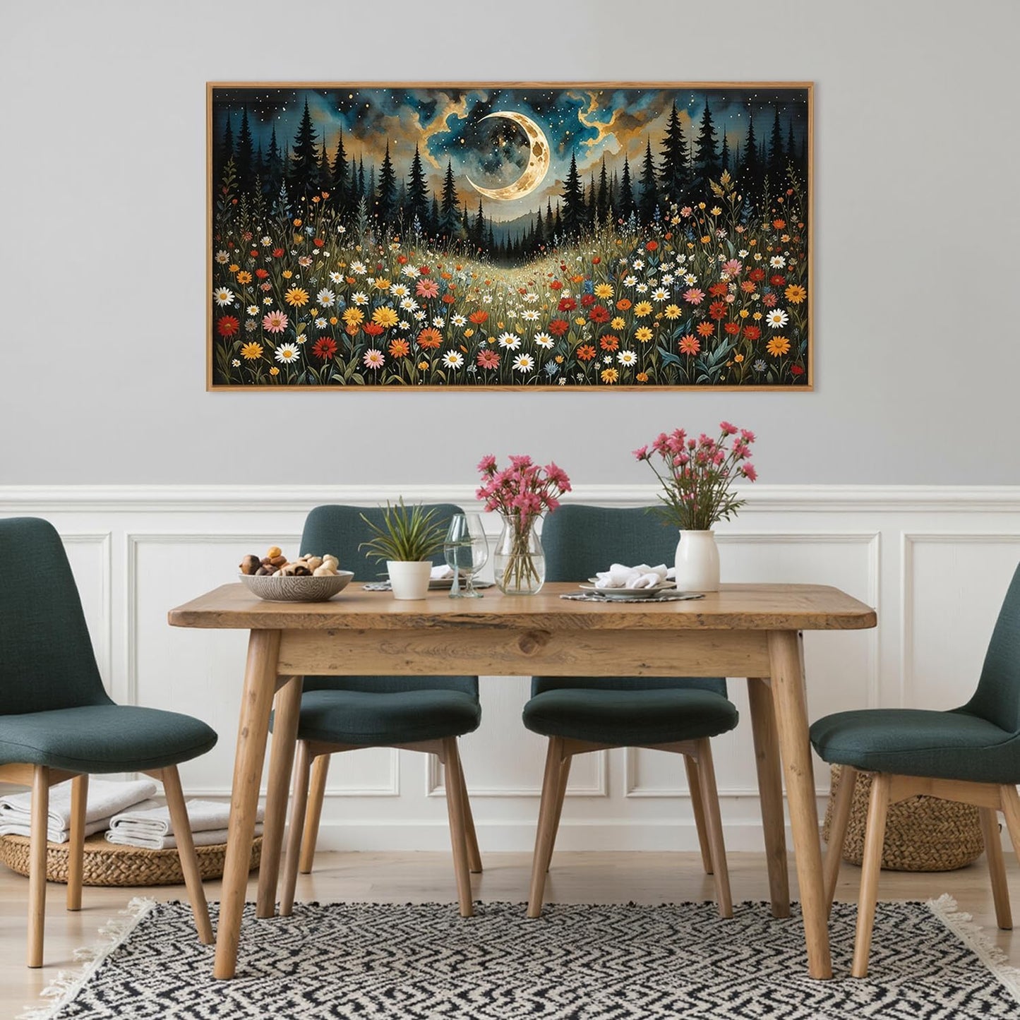 HPINUB Wildflower Moon Pine Tree Framed Canvas Wall Art Set,Nature Forest Wall Decor,Mystical Starry Night Artwork Rustic Mountain Landscape Art Print for Living Room,Bedroom,Office-20 x40