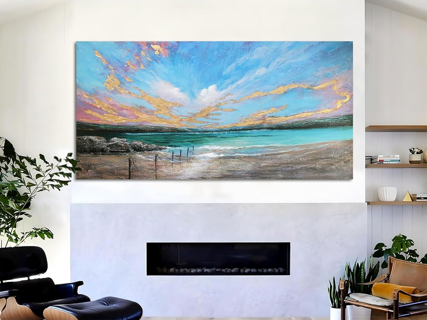 Arjun Ocean Teal Wall Art Canvas Coastal Beach Painting Blue Turquoise Landscape Sunset Picture, Panoramic Gold Foil Textured Large Artwork Framed for Living Room Bedroom Bathroom Wall Decor 40"x20"