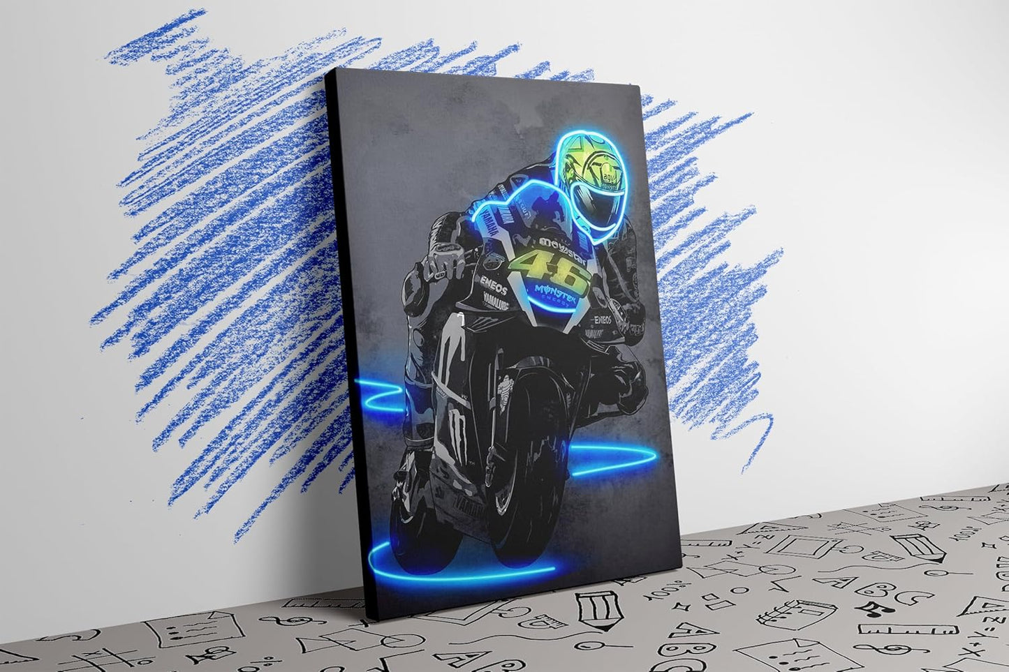 Sorventina Neon Style Blue #46 YZR-M1 Motorcycle Wall Art Posters - 16x24 Wrapped Canvas, Non-LED, Ideal Home Decor for Bedroom, Living Room, Office, Garage, or Man Cave