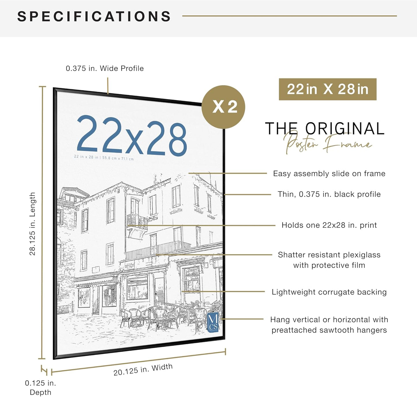 MCS Original Poster Frame 22x28 Black Lightweight Vertical & Horizontal Wall Hanging Large Picture Frame for Posters, Art Prints & Gallery Wall (2-Pack)