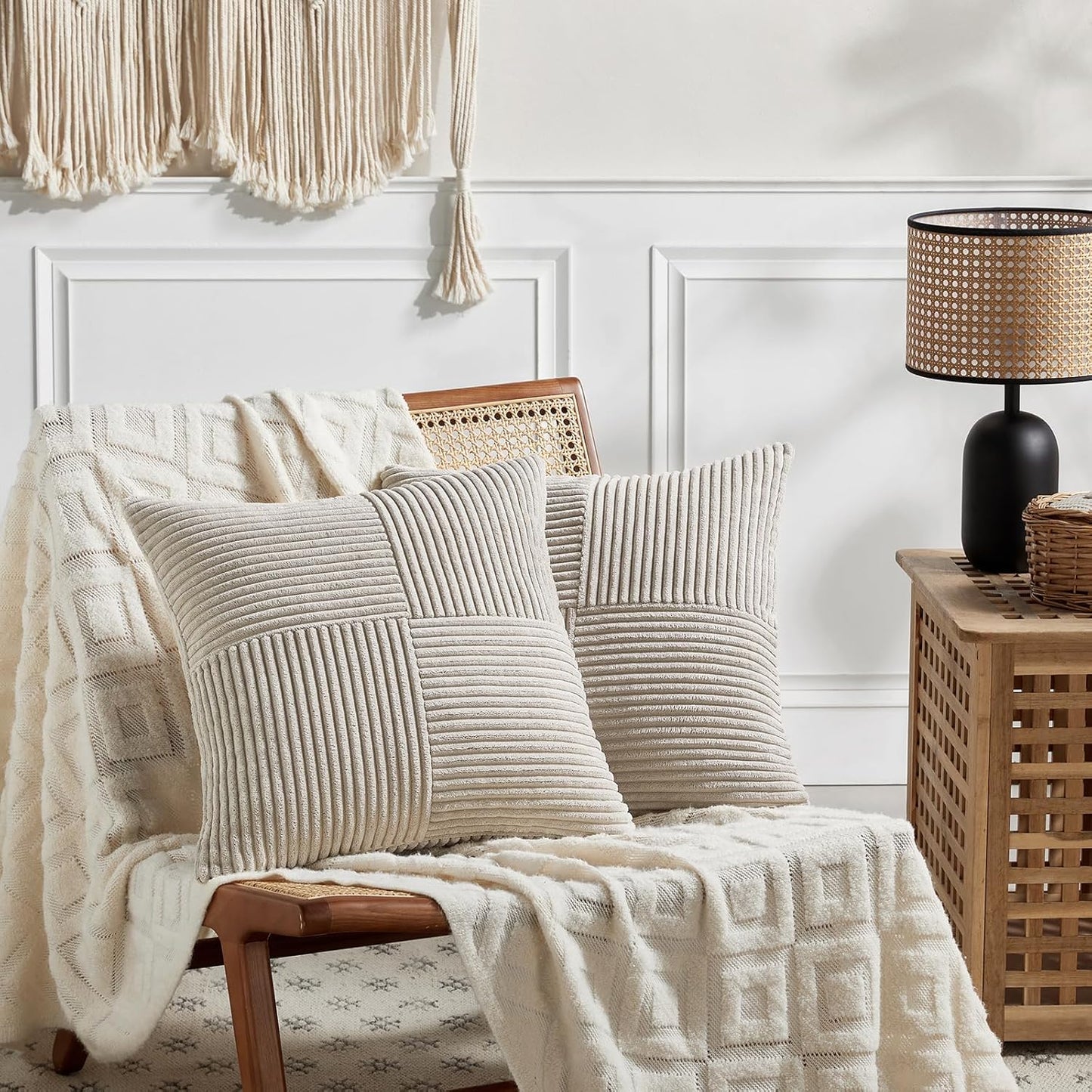 Fancy Homi 2 Packs Neutral Taupe Big Decorative Throw Pillow Covers 24x24 Inch for Couch Bed Sofa, Rustic Farmhouse Boho Home Decor, Soft Corss Corduroy Patchwork Accent Square Cushion Case 60x60 cm