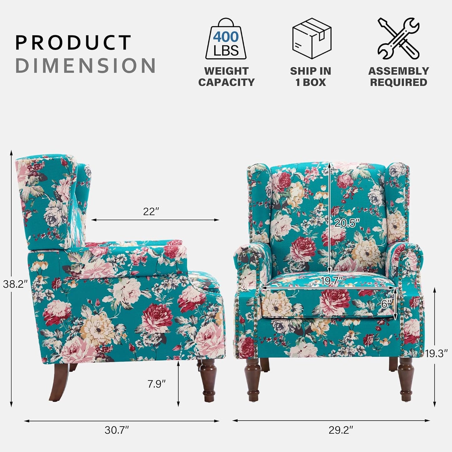 Lumibee Wingback Accent Chair,High Back Floral Armchairs in Fabric,Comfy Upholstered Reading Single Sofa Chair with Solid Wood Legs for Living Room,Bedroom,Office-Peacock Blue