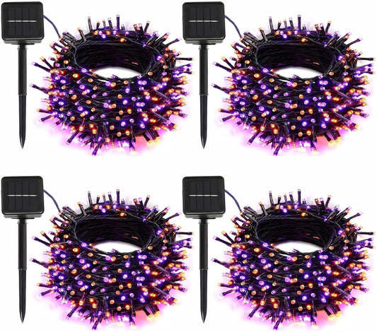 4-Pack Solar String Lights,156Ft Extra-Long 400 LED Waterproof Solar Halloween Lights, 8 Modes for Garden, Patio, Wedding (Purple & Orange)