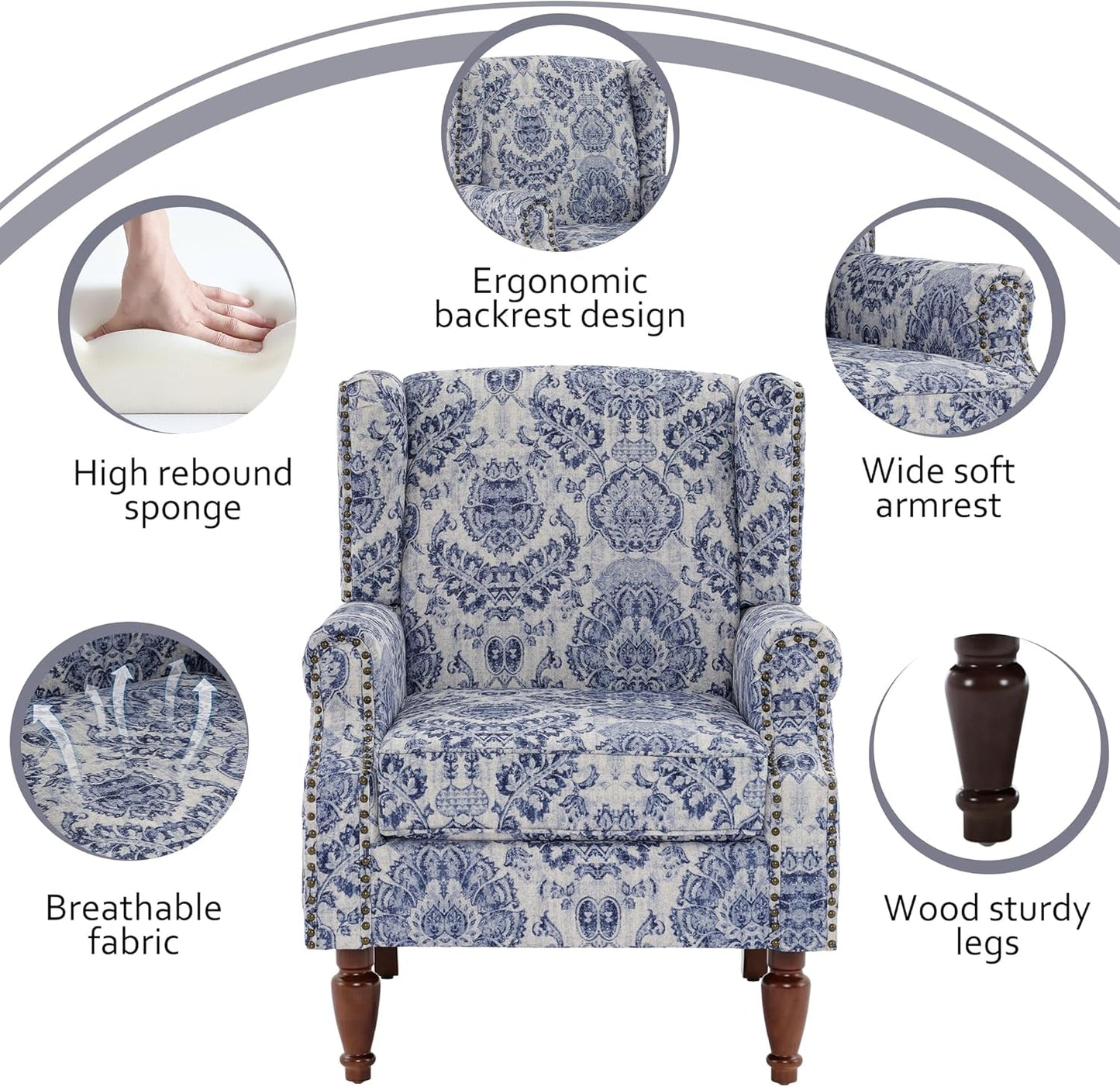 Lumibee Wingback Accent Chair,High Back Floral Armchairs in Fabric,Comfy Upholstered Reading Single Sofa Chair with Solid Wood Legs for Living Room,Bedroom,Office-Navy