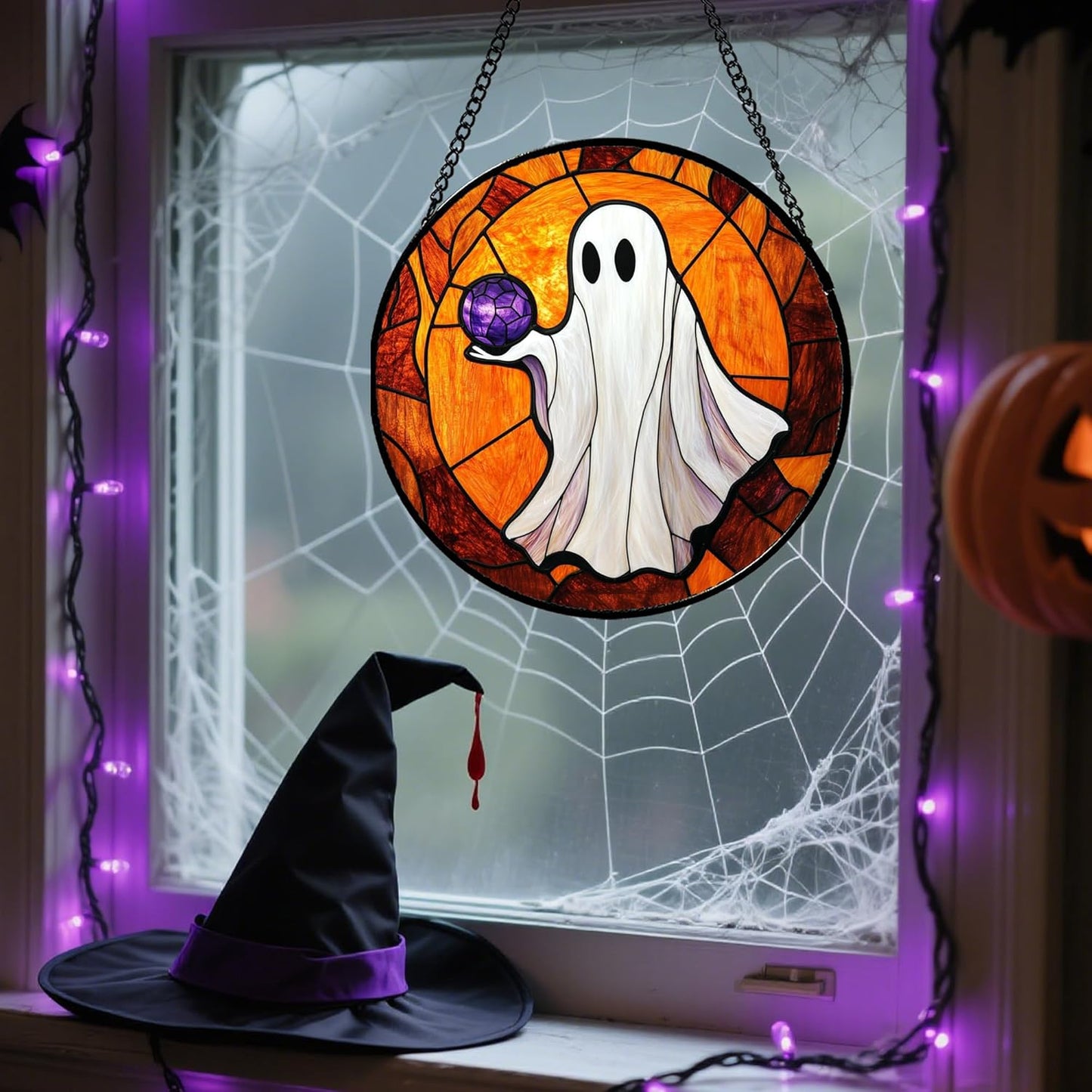 Stained Glass Window Hanging - Halloween Decorations Ghosts Vampire Suncatcher for Doors Garden Indoor Funny Spooky Sun Catchers Gothic Decor Horror Gifts for Women Men Friend 9.8 in