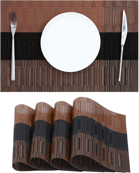 Leetaltree Brown with Black Striped Placemats Set of 4 - Heat Resistant Non-Slip Place mats for Dining Table, Washable Durable PVC Vinyl Woven Table Mats（Brown Stripe, 4）
