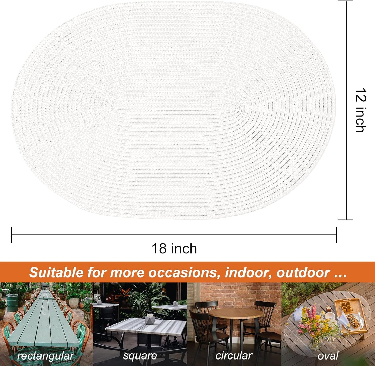 AHHFSMEI Placemats Set of 8 for Dining Table Washable Woven Vinyl Non-Slip 18x12 inches Placemat Heat-Resistant Durable Table Mats for Dining Table Easy to Clean (White, 8)