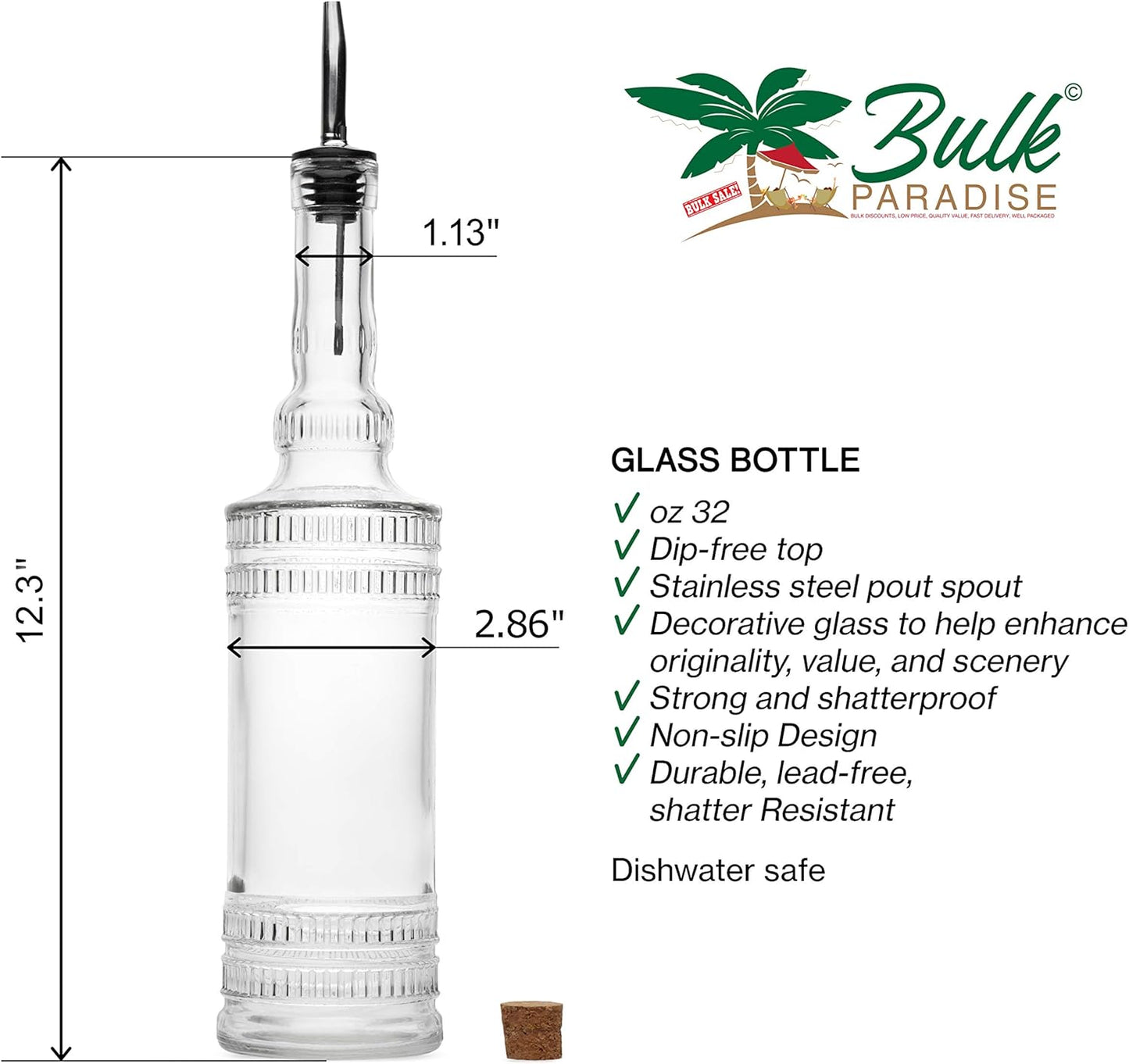 Large Clear Decorative Glass Bottle with Spout and Cork, 32oz, 1 Bottle - Design: EPLI (3in X 11.9in)