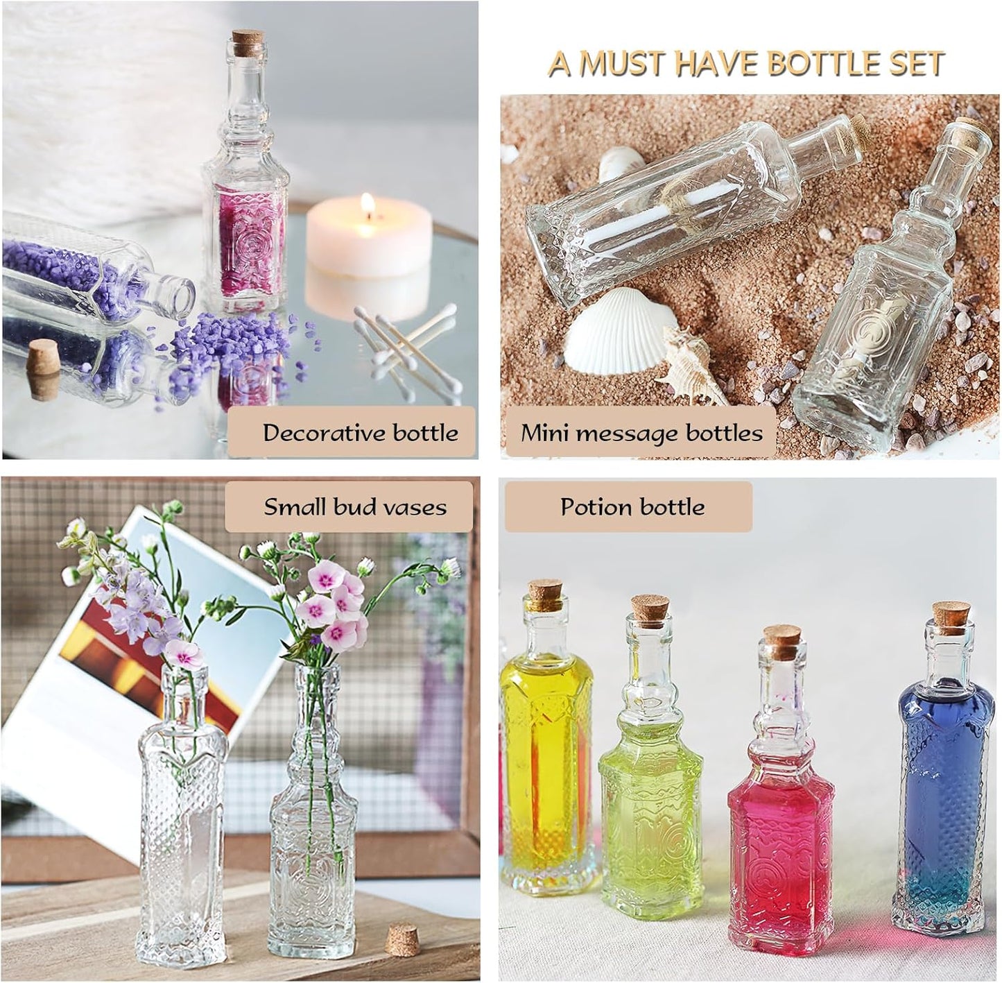 24 pcs Small Mini Clear Vintage Glass Bottles with Corks, Small Bud Vases, Decorative, Potion Bottles, 1.6oz for Party Wedding DIY Decoration/ Sand Art Bottles/Spell Jars/Message In a Bottle Kit