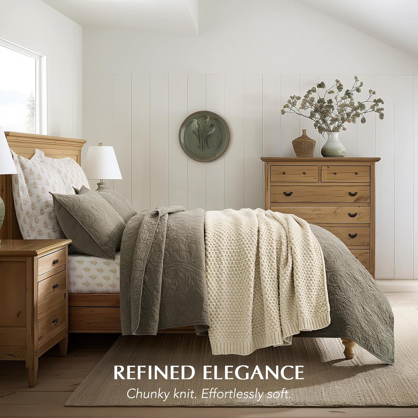 Chunky Chenille Knit Throw Blanket for Couch, Soft Luxurious Moss Stitch Blankets for Bed, Cozy Decorative Farmhouse Knitted Throws for Sofa, Beige, 60" x 80"