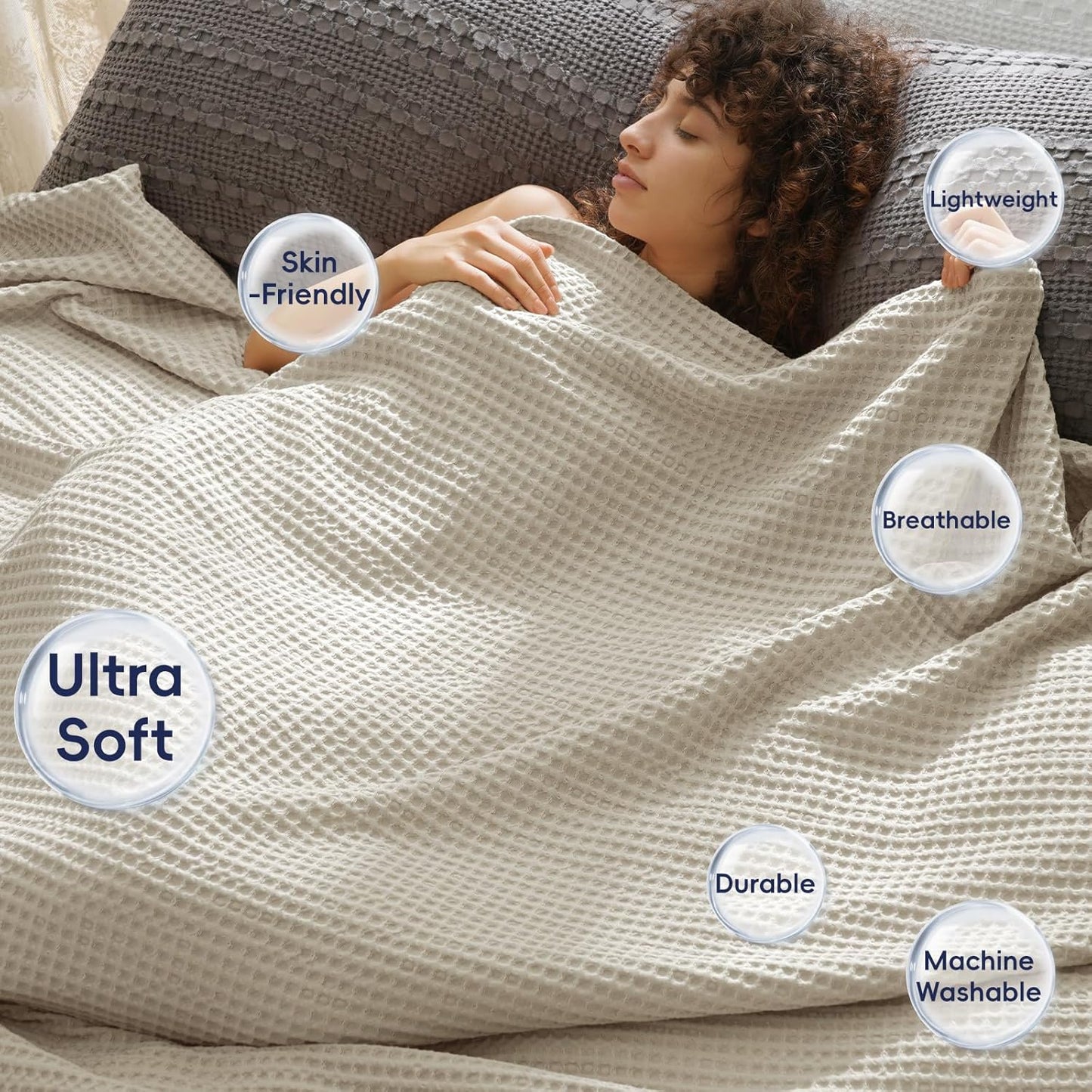 PHF Ultra Soft Waffle Weave Blanket Queen Size 90"x 90"- Washed Lightweight Breathable Cozy Woven Blanket for Bed - Aesthetic Decor for Couch Bedding Sofa Home Car - Light Khaki/Linen