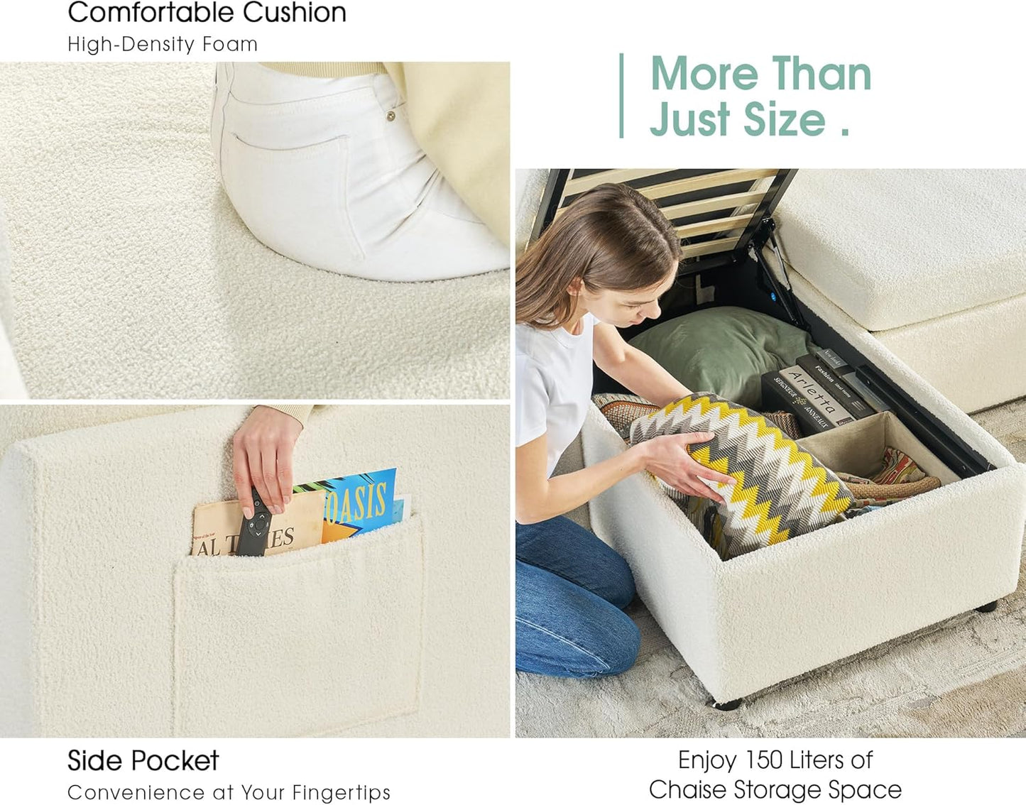 VanAcc Pull Out Sofa, 112 Inch Oversized U Shape Sleeper Sofa Couch with Storage Chaise & 3 Seater, Comfy Couch with Pull Out Bed for Living Room, White Boucle