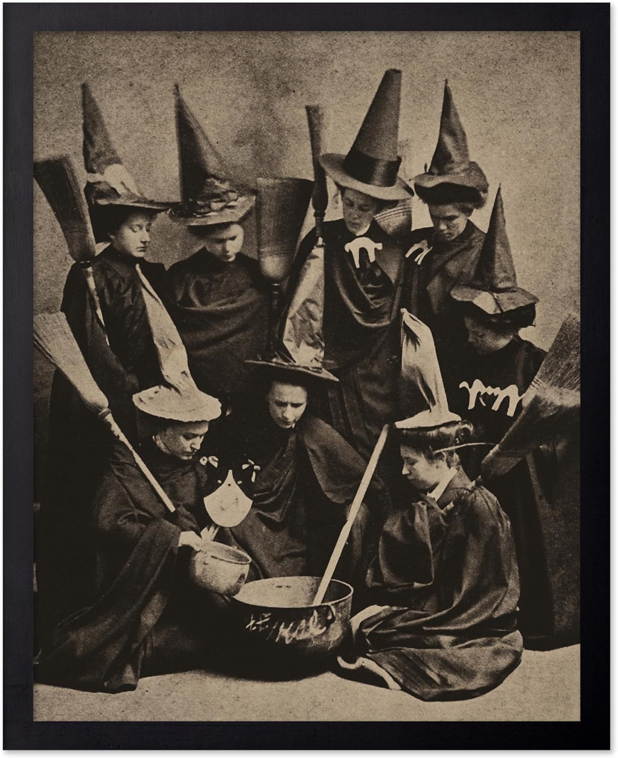 Poster Master Vintage Photograph Poster - Retro Halloween Print - Gift for Artist, Friend - Witches Cooking, Pointy Hats, Broomsticks, Black Magic - Wall Decor for Bedroom, 16x20 Black Framed