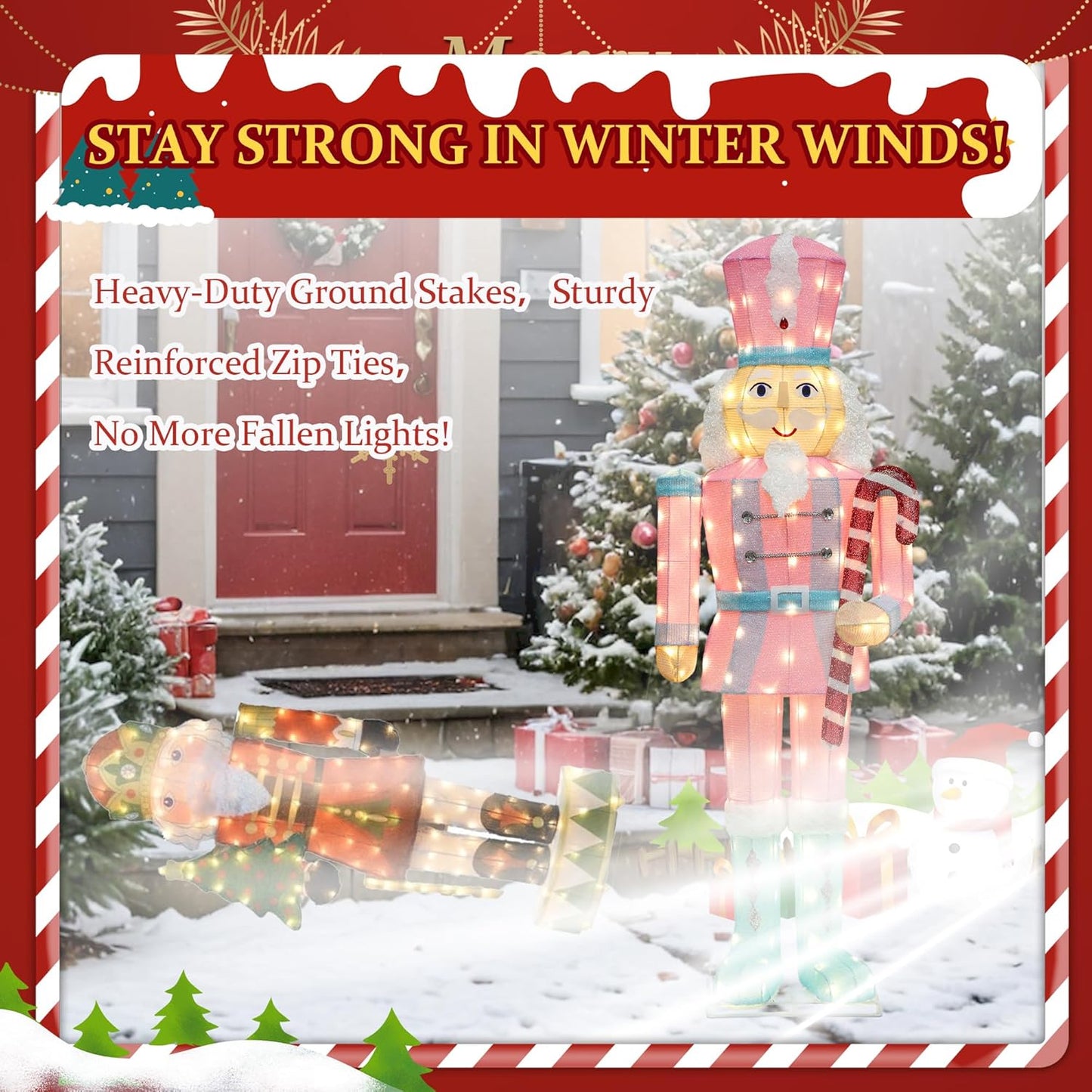 61Inch Nutcracker Christmas Decor Outdoor with LEDs 5 Feet Lighted Large Nutcracker Lighted Christmas Decorations Outdoor with Stakes & Zip Ties for Xmas Yard, Porch, Lawn