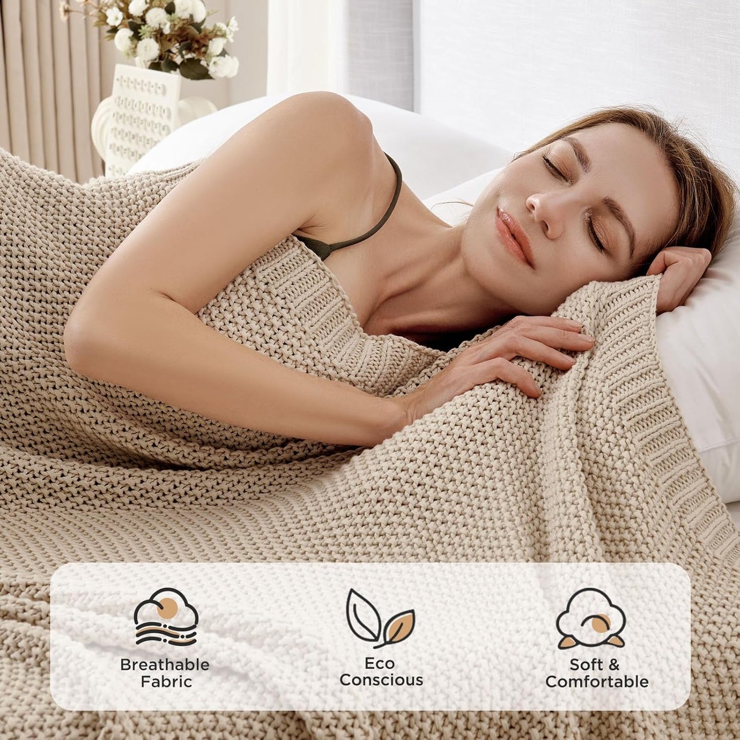 Joydeco Chunky Cable Knit Throw Blanket, Lightweight 100% Organic Cotton Soft Cozy Throw Twin Blanket for Couch Bed and Sofa, Rustic Breathable Farmhouse Blanket Gift for Women Men(Beige, 60"x80")