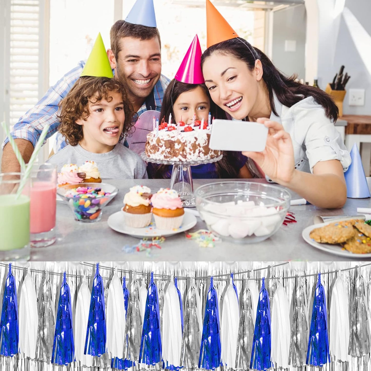 4P Navy-Blue White-Silver Foil Fringe Metallic Tassel Garland Banner, Tassels Banner Streamers for Parade Floats, Bachelorette, Wedding, Birthday, Halloween, Bridal/Baby Shower Party Decorations