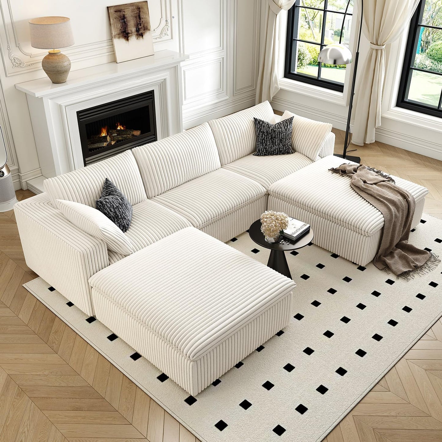 118" Cloud Couch Modular Sectional Sofa for Living Room,Modern Sofa with Deep Seat，U-Shape Boneless Couch with 2 Ottoman,Comfy Upholstered Corduroy Couches for Apartment, Studio, Office,Bedroom，White