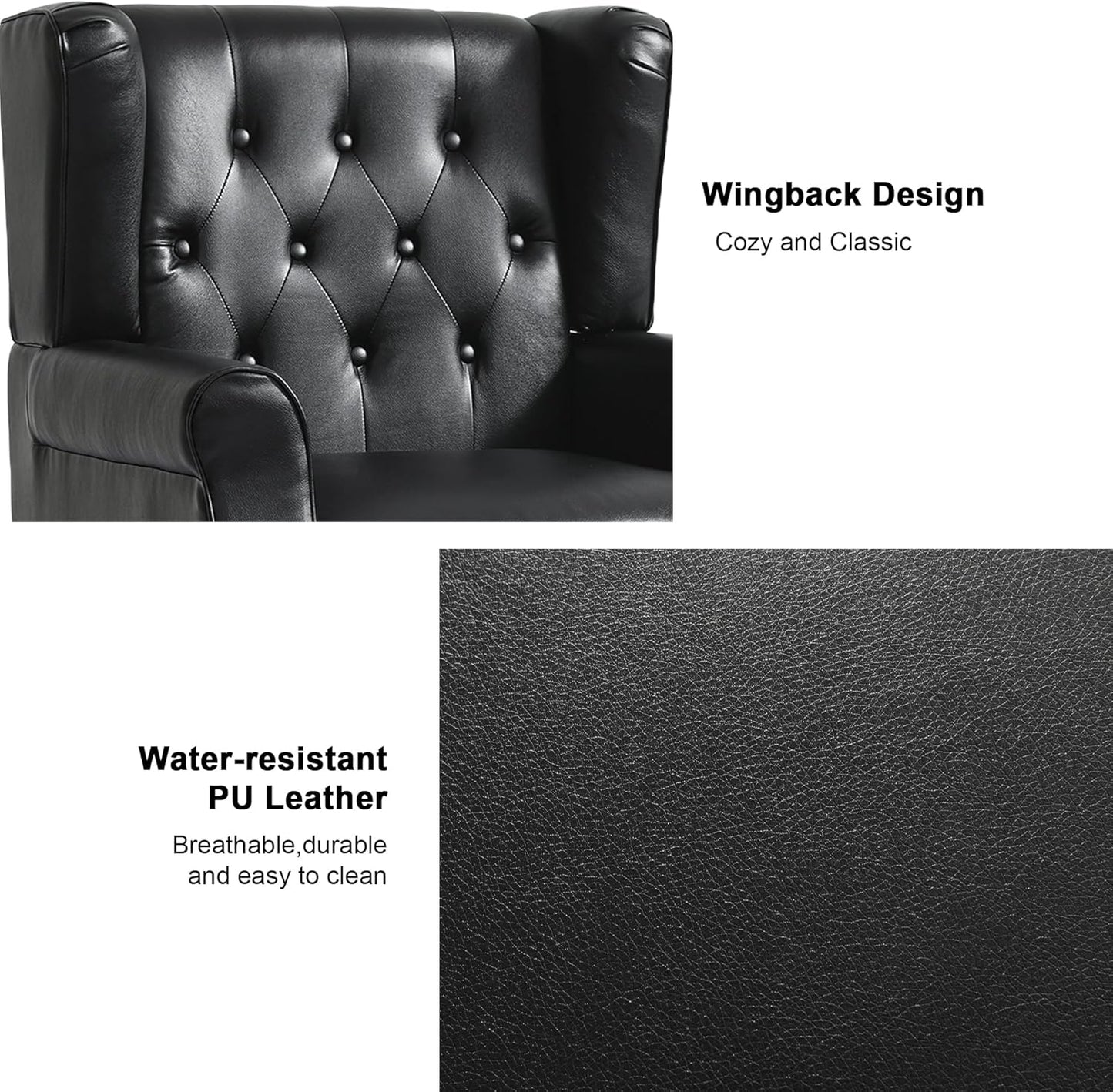 Accent Chair, Upholstered Armchair with Button Tufted High Back & Solid Wood Legs, Comfy Wingback Reading Single Sofa Chair for Small Spaces, Living Room, Bedroom (Leather Black, Set of 2)