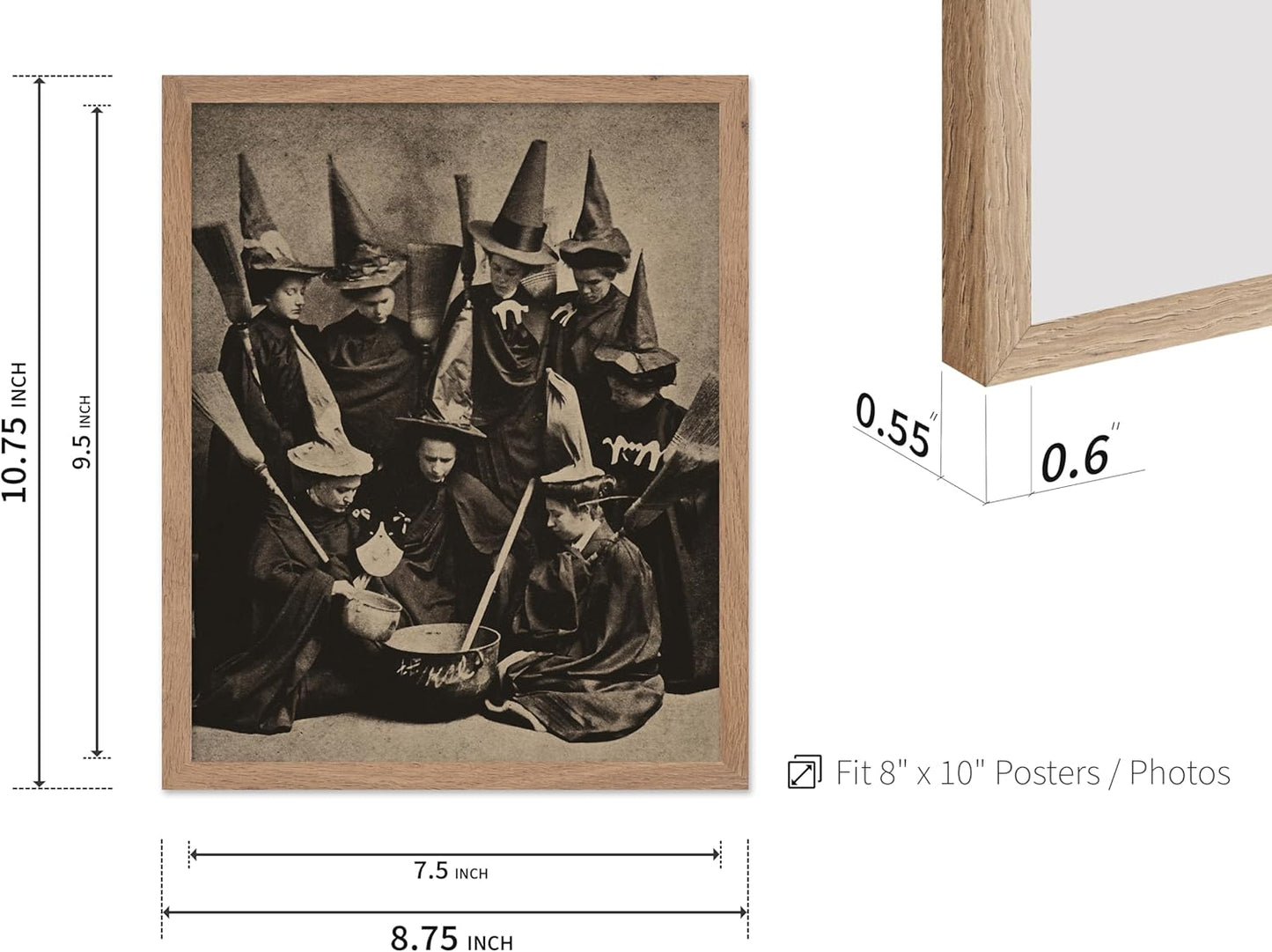 Poster Master Vintage Photograph Poster - Retro Halloween Print - Gift for Artist, Friend - Witches Cooking, Pointy Hats, Broomsticks, Black Magic - Wall Decor for Bedroom, 8x10 Beige Framed