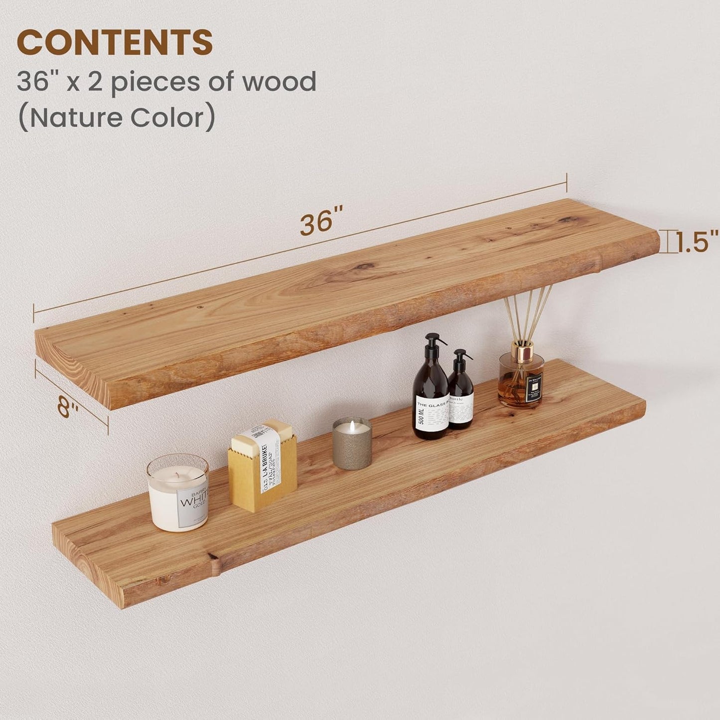 Floating Shelves for Wall Decor, Rustic Solid Elm Wood Floating Shelves Wall Mounted, Wall Shelves with Invisible Bracket for Living Room Bathroom Bedroom Kitchen, 36 Inch Set of 2, Natural