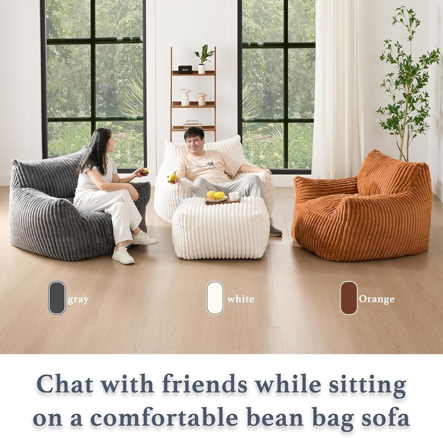 Oversized Bean Bag Chaise Lounge Chair Indoor for Adults with Armrests & Ottoman - Giant Comfy Khaki Beanbag Floor Sofa Cloud Accent Chair for Reading, Gaming, Cozy Plush Cloud Mini Couch