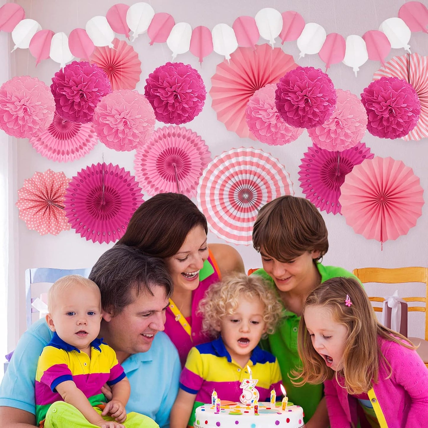 Party Decorations, Pink Papar Fans Pompoms Garlands for Women Girls Mothers Day Bachelorette Wedding Birthday Baby Showers Valentine's Day Party Decorations