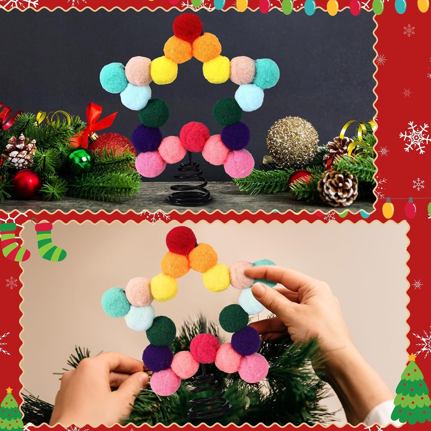 Rainbow Mini Felt Ball Star Christmas Tree Topper Small Colorful Pom Pom Felt Ball 4.7 x 5.9 Inch Tiny Xmas Tree Topper Colorful Five Pointed Star Xmas Ornaments for Decoration