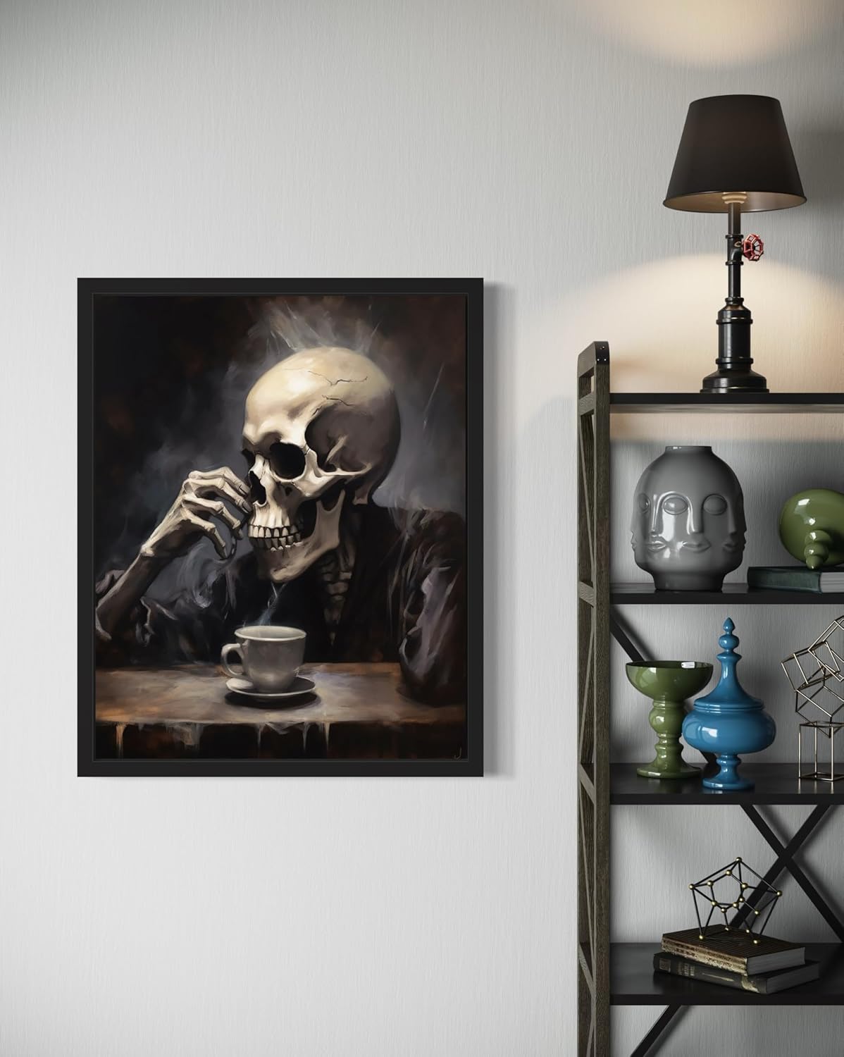 Skull Drinking Coffee Poster Art Print, Halloween Scary Vintage Wall Art Academia Spooky Painting Decoration for Horror Prints, Gothic Posters Bedroom Decor 89 (Skull Drinking Coffee, 16 x 20 inches, Black Frame)