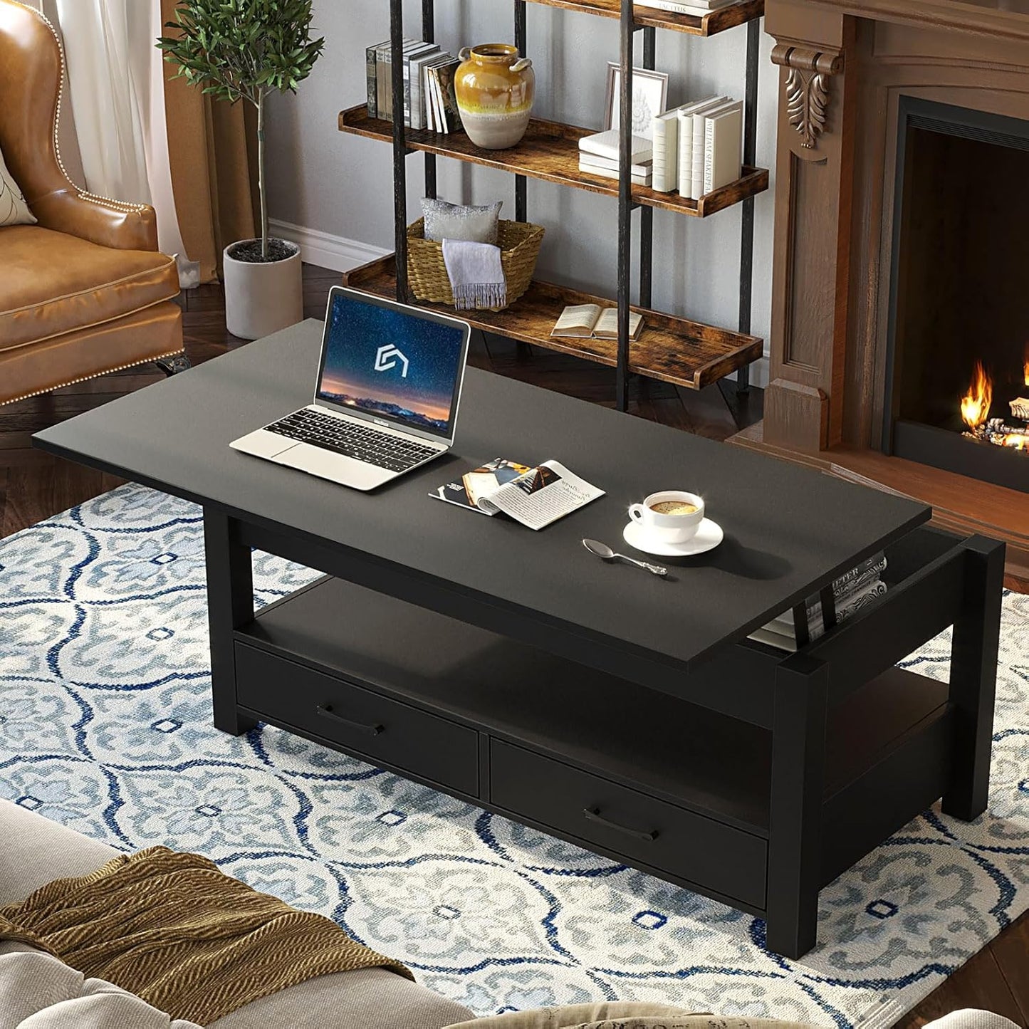 Rolanstar Coffee Table, 47.2" Lift Top Coffee Table with Drawers and Hidden Compartment, Retro Central Table with Wooden Lift Tabletop, for Living Room,Black