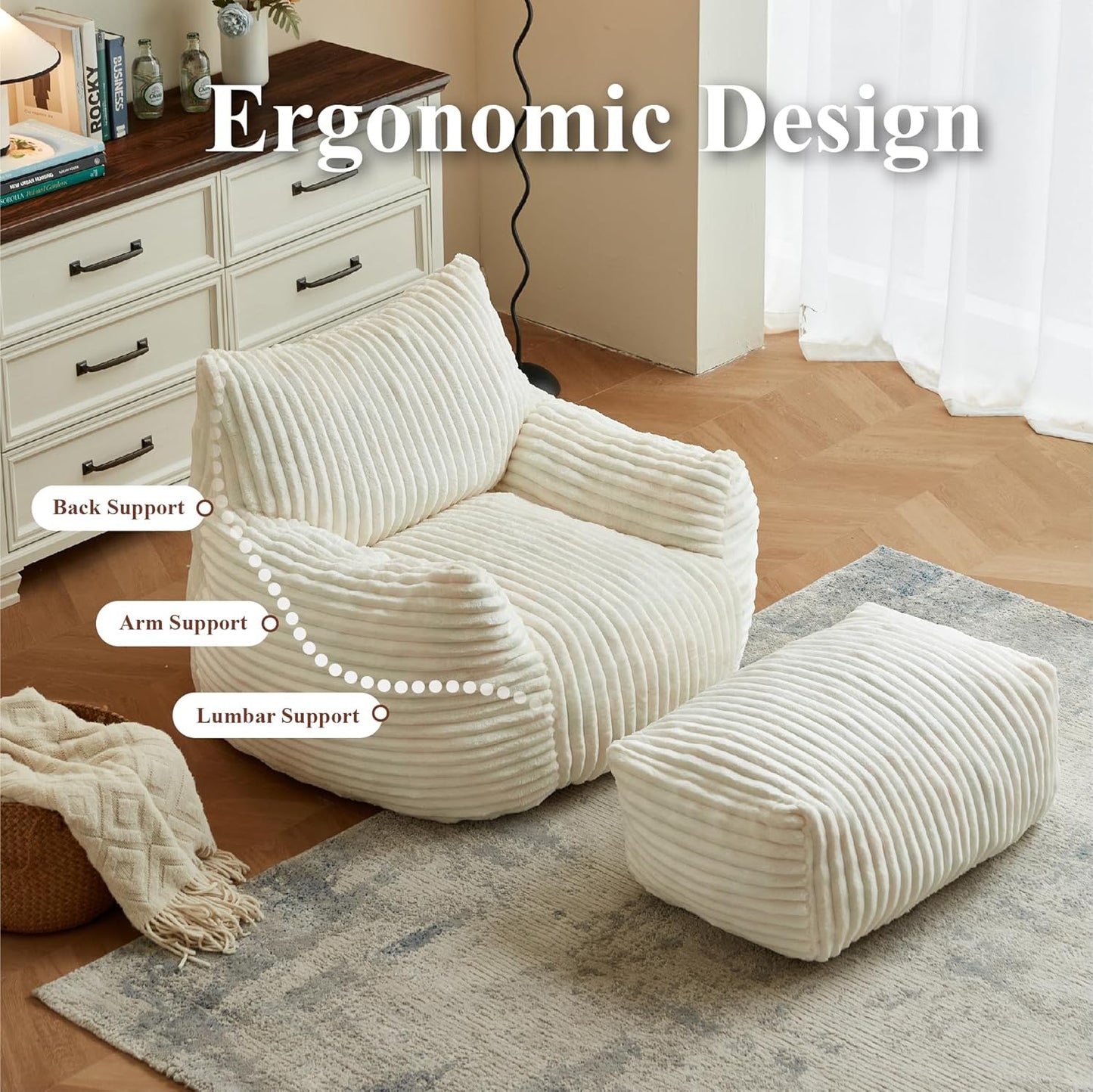 Premium Beige Bean Bag Chair for Adults with Armrest- Ultra Plush Memory Foam Lounge Sofa & Comfy Reading Nook Chair for Bedroom, Living Room & Dorm (White, Without Pedals)