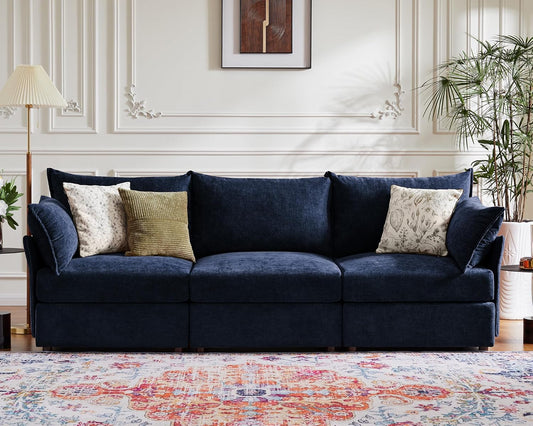 102.6" Modular Sectional Sofa, Oversized 3-Seater Blue Couch with Removable Chenille Fabric Cover, Deep Seat & High Backrest for Living Room, Office & Apartment