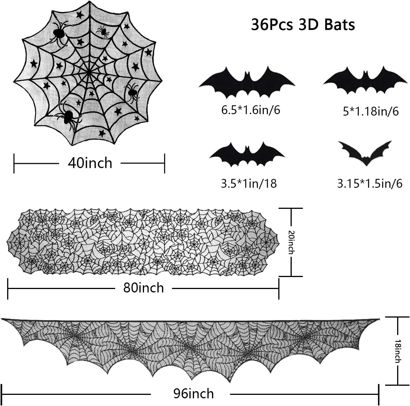 ZeeDix 39 Pcs Halloween Decorations Kit Black Lace Spiderweb Round Tablecloth Table Runner, Giant Spider Cobweb Fireplace Scarf with 36PCS Scary 3D Bats Wall Stickers for Halloween Party Decor