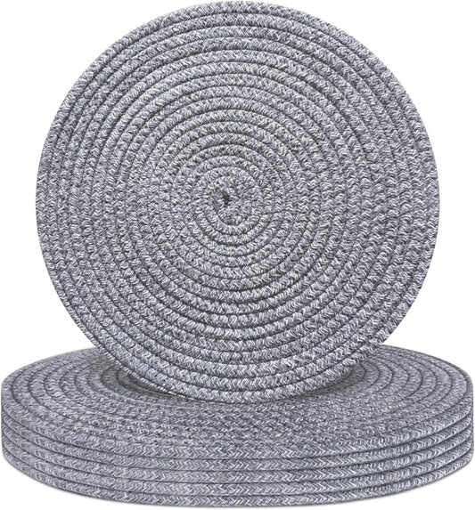 Round Placemats Set of 6, Cotton Rope Woven Table Mats, Hot Pads for Kitchen, Non Slip Heat Resistant Place Mats, 13 Inches Braided Placemat for Farmhouse Decor and Kitchen Table Decor (Gray)