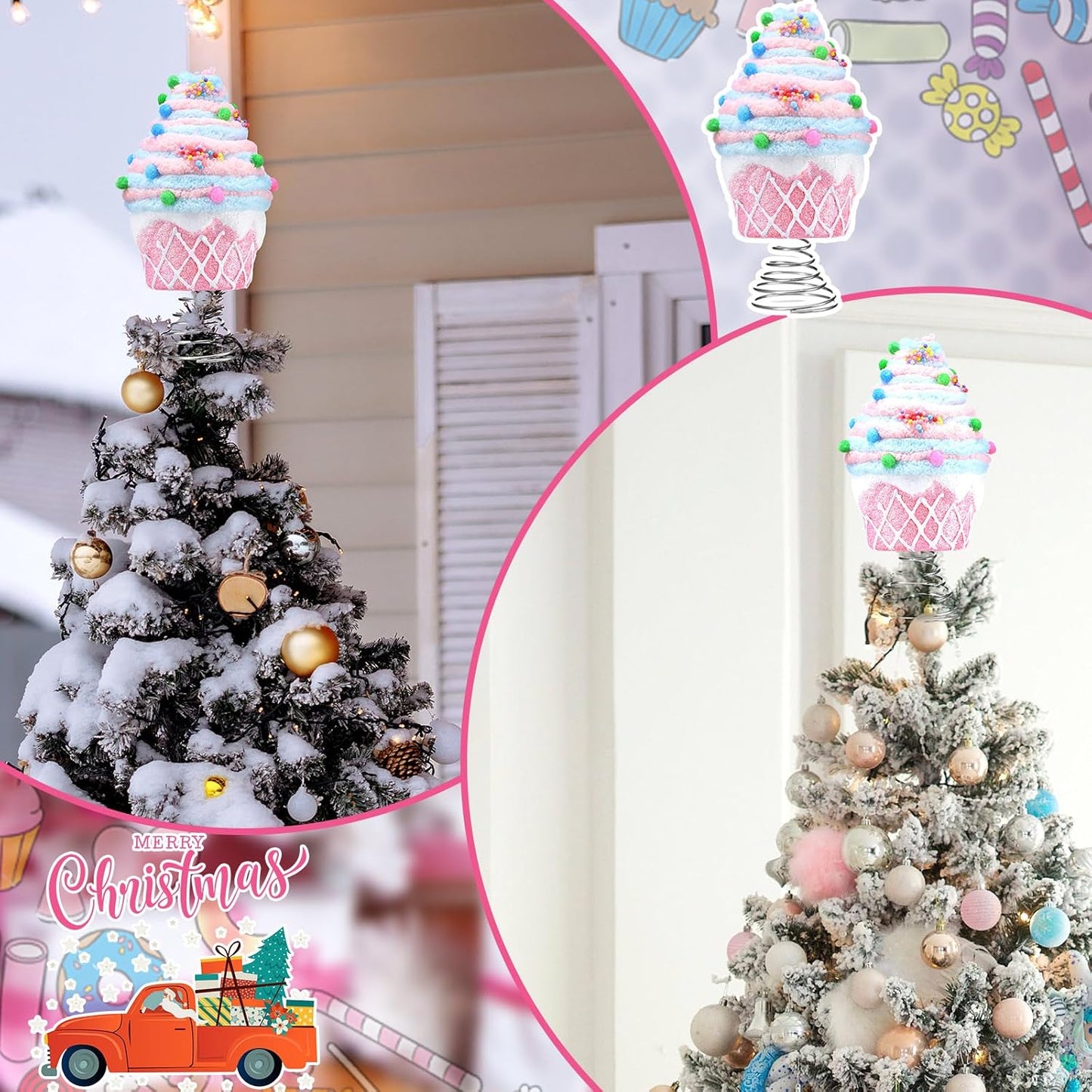 Retisee 7.9 Inch Pastel Dessert Christmas Tree Topper Pink Cupcake Tree Topper Candy Donut Christmas Tree Decoration Pastel Christmas Ornaments for Christmas New Year Birthday Party Decor