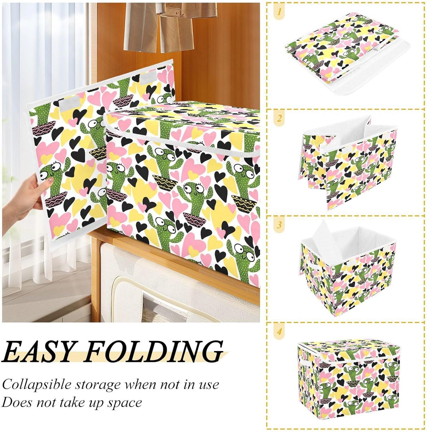 susiyo Cactus Seamless Floral fabric storage baskets with lids,Collapsible Storage Boxes,Foldable storage boxes with handles for Home,Office,Closet Organization