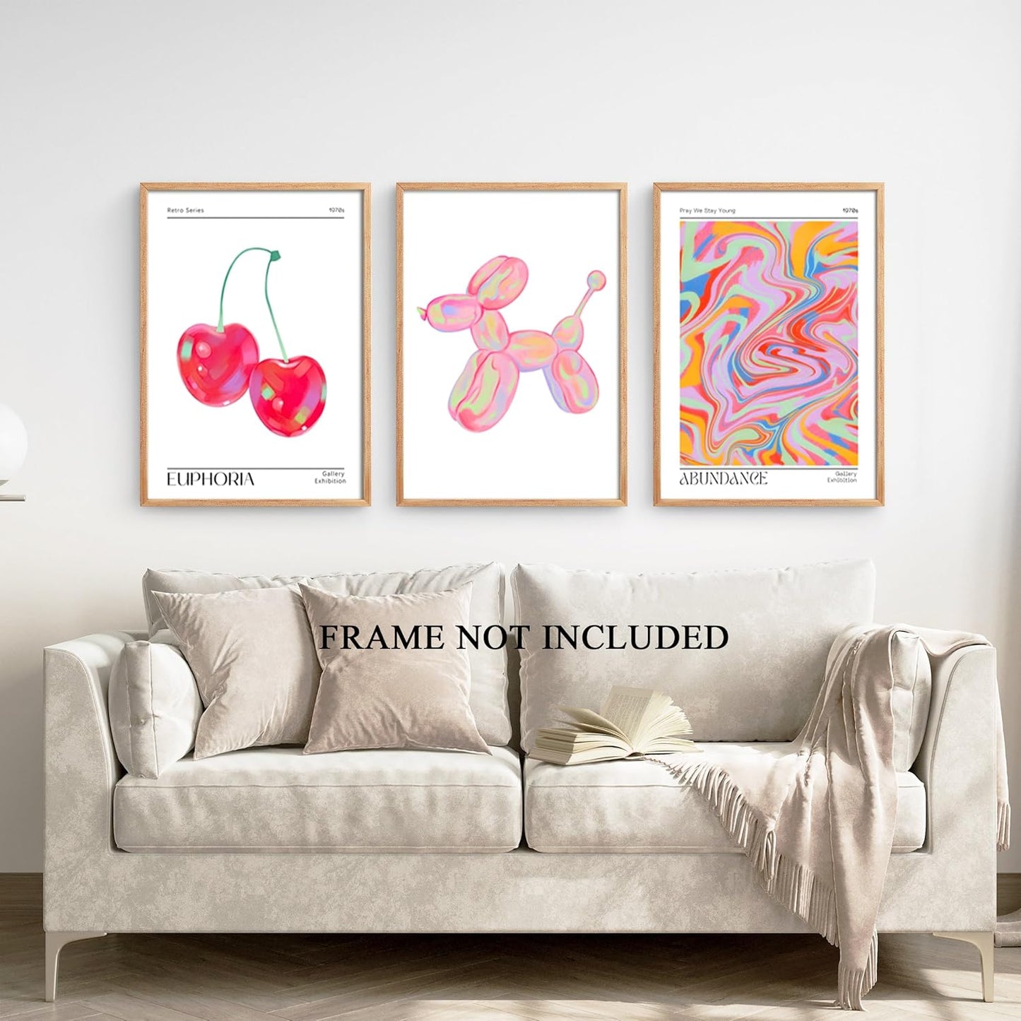 Pink Preppy Wall Art Posters Set of 3 Trendy Cute Balloon Dog Cherry Canvas Prints Modern Colorful Abstract Aura Painting Retro Pop Decor Positive Picture for Living Room Bedroom 12x16in Unframed