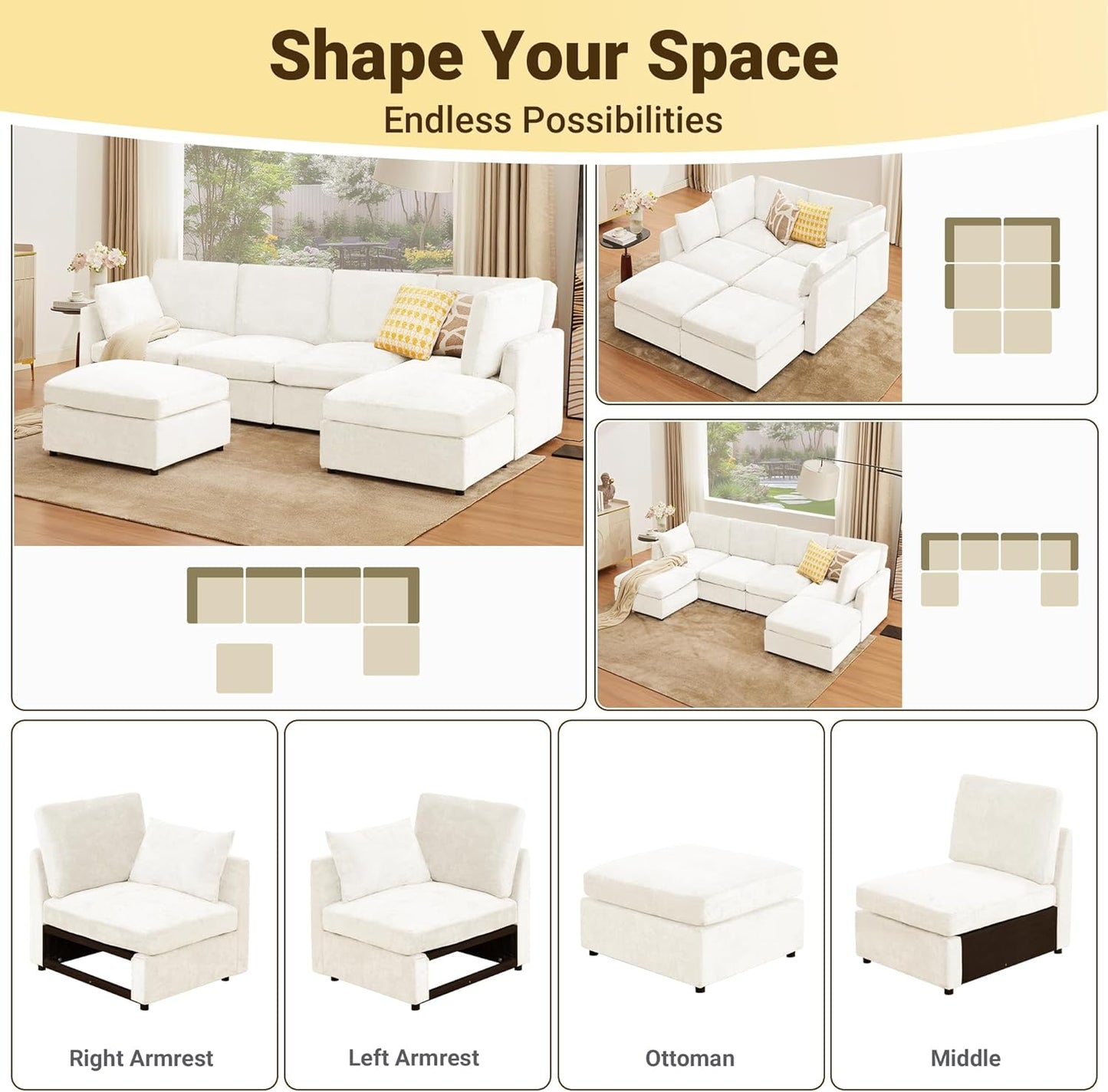 Tbfit U Shaped Couch, Sectional Sofa for Living Room,Chenille Cloud Couch with Ottoman 6 Seat, Beige