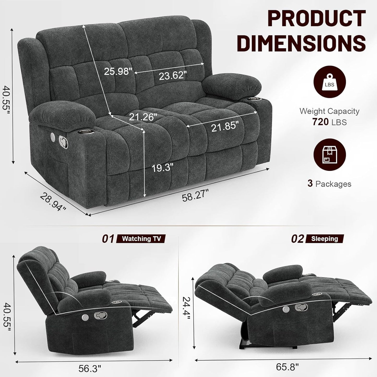 Loveseat Recliner Sofa Set with 2+1 Pieces, 2 Seater Minimalist Style Fabric Manual Pull Tab Reclining Loveseat with USB Charge Ports, Cup Holders, Recliner Couches for Living Room, RV, Gray