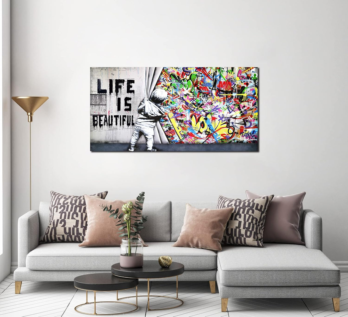 JKWALL77 Colorful Banksy Wall-Art - Graffiti Canvas Wall Art - Large Wall Decor For Living Room Ready To Hang Size 59" x 29"